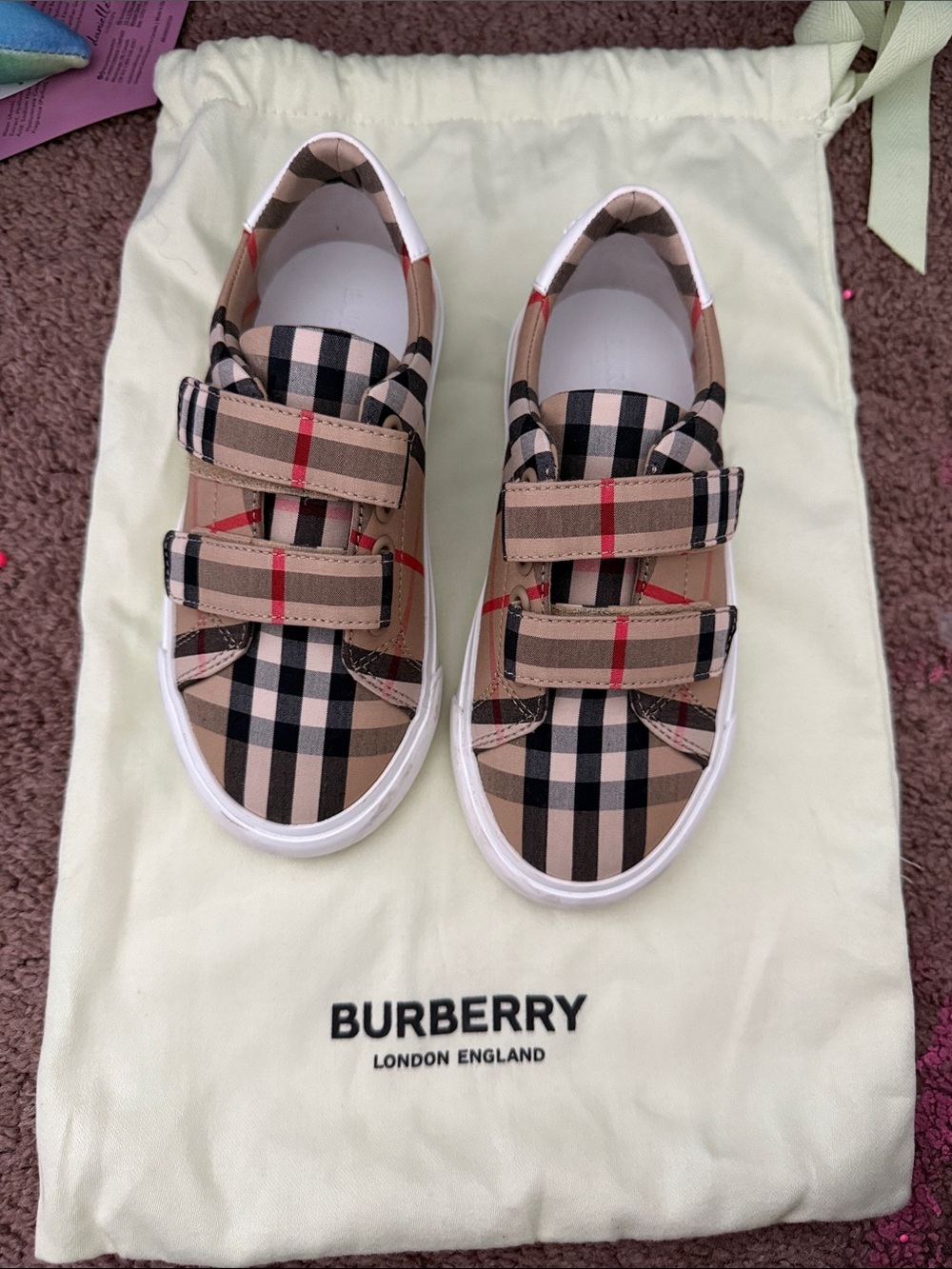 Burberry Beige Black Red Check Kids Velcro Sneakers